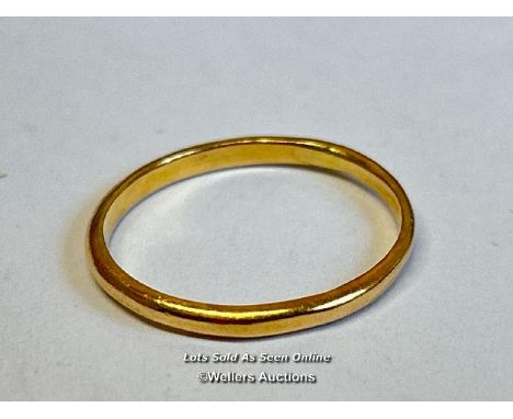 Wedding band, hallmarked rubbed, acid tests as 22ct gold, ring size Q. Gross weight 2.32g 