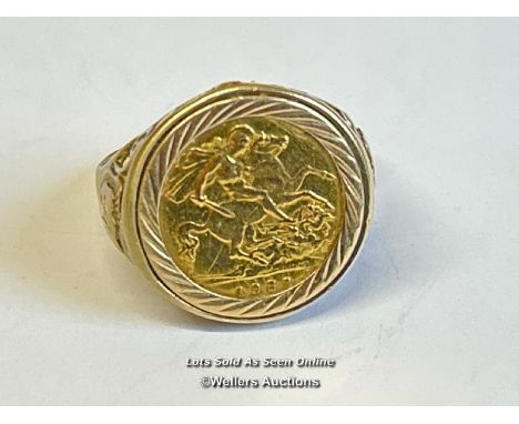 Gold sovereign ring. 1982 sovereign in hallmarked 9ct gold ring, size Y. Gross weight 9.53g / SF 