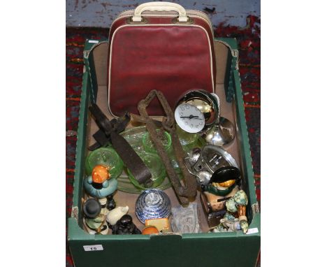 A box of miscellaneous to include green glass dressing table set, Hummel style figurines, clear glass paper weight, childs Pe