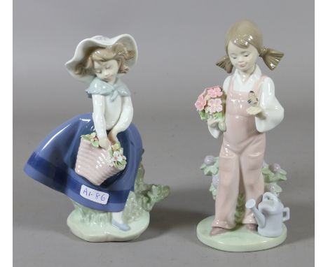 Two Lladro ceramic figurines of young children one holding a basket of flowers and one holding flowers and perched birds.