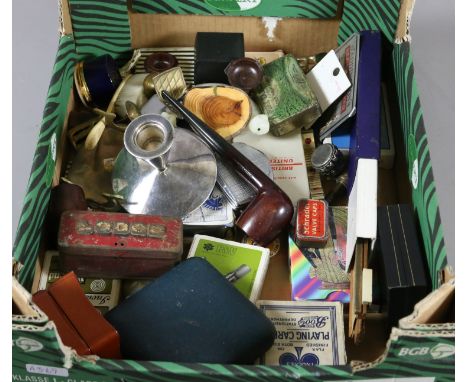 A box of collectables to include smoking related items, old slide rule, ring boxes, playing cards etc.