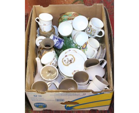 A box of mixed ceramics including commemorative wares, Poole tea service, tourist wares and hand painted cups and saucers, al