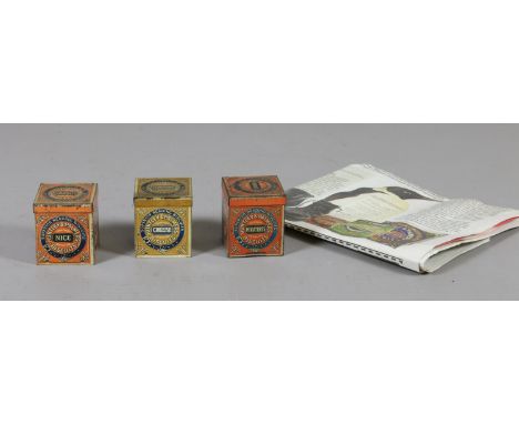 Three vintage miniature Huntley & Palmers biscuit tins and associated newspaper article about Captain Robert Scott's expediti
