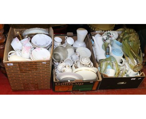 Three boxes of pottery, china and glass including Paladin teaset, J & G Meakin retro coffee set and a Noritake teaset etc.