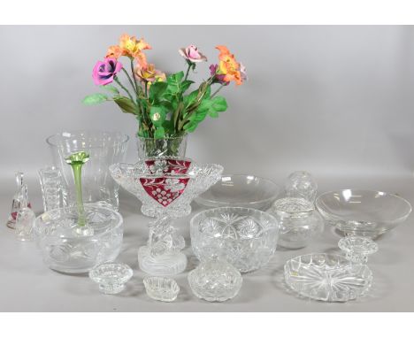 A collection of glassware to include ruby flash, crystal and cut examples, along with a bouquet of ceramic flowers.
