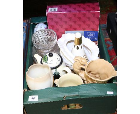 A box of ceramics and glassware to include Sylvac jug with decorative animal handle, Radford, Crown Devon, Royal Winton, cut 