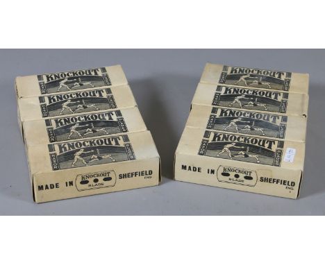 Eight boxes of vintage knockout razor blades, one hundred per box in sealed parcels of four.