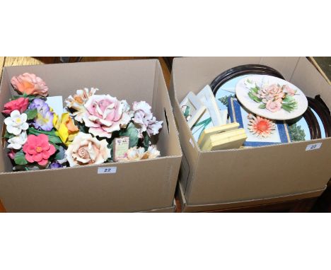 Two boxes of Capodimonte ornamental wares, similar ceramic wall plaques and table centrepieces.