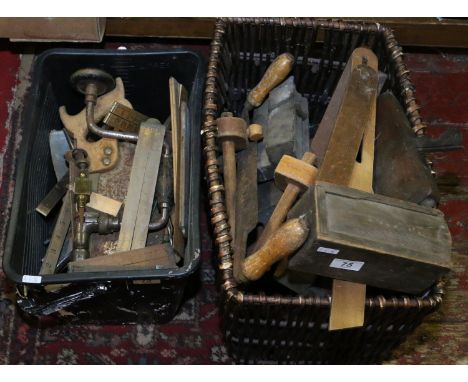 Two boxes of old woodworking tools to include moulding plane, spoke shave, tenant saw, drill etc.