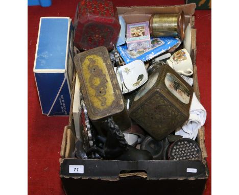 A box of miscellaneous including vintage tins, silver plate, old gas mask etc.