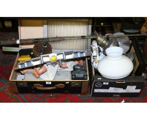 A box and an old suitcase containing miscellaneous to include frosted glass oil lamp shade, ceramic swan, cigarette lighter, 