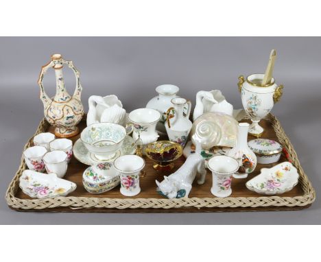 A tray of collectable ceramics, Royal Crown Derby, Coalport, Paragon and Worcester examples, along with a conche shell and Ro
