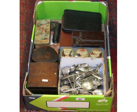 A collection of flatwares, old tins and boxes along with a Georgian tea caddy and a cased set of hallmarked silver handle kni