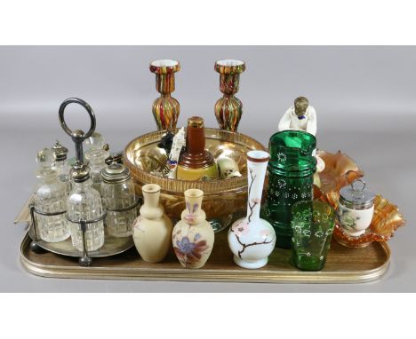 A tray lot of carnival and art glass along with items of crested ware, Royal Worcester and Wade examples.