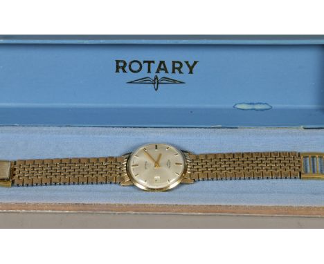 A gentleman's 9 carat gold Rotary manual watch on gold plated bracelet with satin dial and date display. Condition Report. To