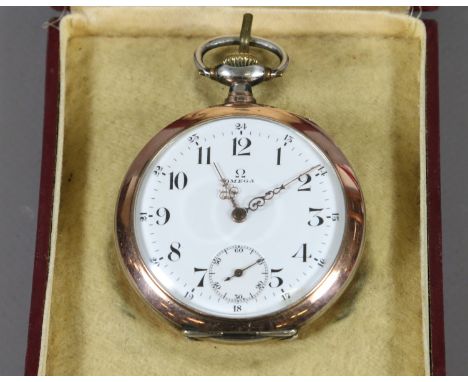 An early C20th Omega silver and silver gilt pocket watch with enamel dial having subsidiary seconds and with Arabic numeral m