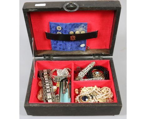 A box of mixed vintage costume jewellery including gem set pieces and simulated pearls etc.