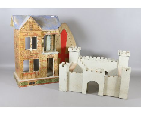 A vintage dolls house, wooden fort and a toy shield.