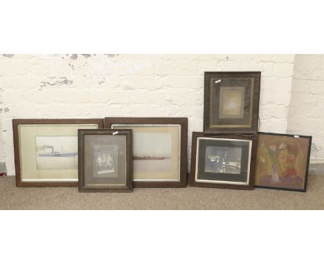 A collection of framed photographs and an oil on canvas portrait.
