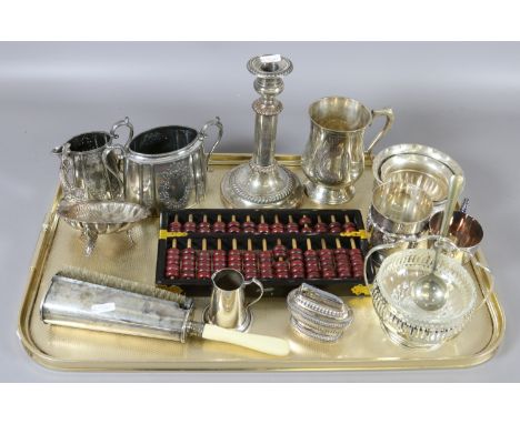 A tray of mixed silver plate etc including telescopic candlestick, lint roller and wooden abacus etc.