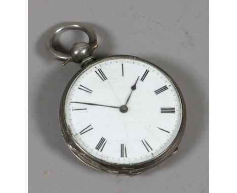 A silver fob watch with enamel dial and Roman numeral markers.