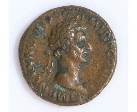 Roman coin, Nerva, Sestertius, 96-97, laureate head right, rev. Fortuna standing left, holding rudder and cornucopia, s c in 