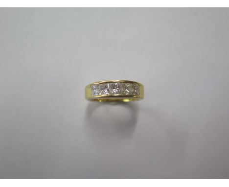 A 750 yellow gold five stone square cut diamond, size L/M, approx 5.2 grams, diamonds bright and well matched 