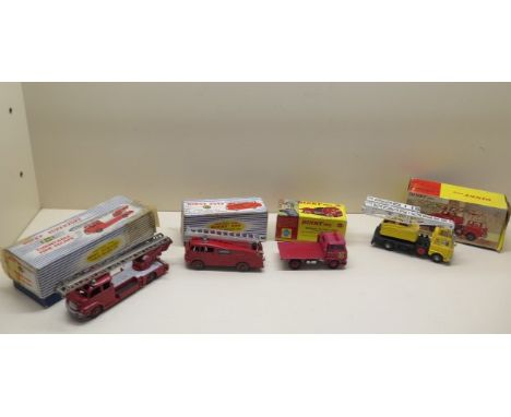 Dinky Toys 4 boxed vehicles;Turntable Fire escape 955, Fire engine 955, Bedford TK coal lorry 425, and Jones Fleetmaster cant