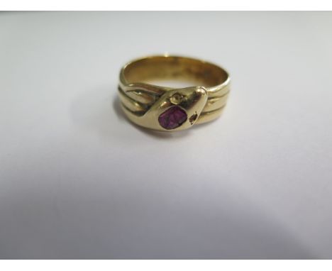 A yellow gold serpent ring, size S, approx 6.8 grams tests to approx 9ct, missing eye stones and top stone broken 