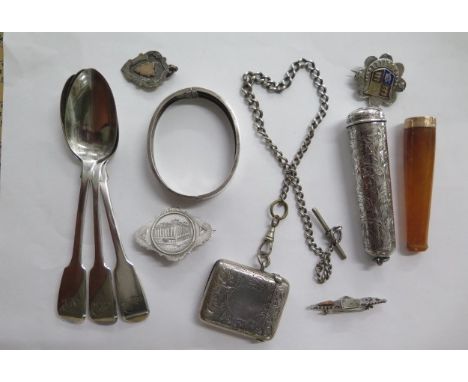 A collection of silver to include 3 spoons, bangle, vesta on chain, 3 brooches, a fob and a cigar holder and silver case with