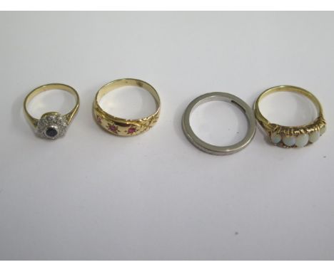 3 x unhallmarked yellow gold rings, sizes G to N, approx 8.8 grams, and a platinum band ring, size N, approx 4.8 grams 