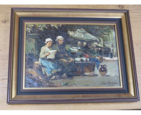 Flora M Reid, oil on canvas entitled verso Good News from the Front, signed and dated 1919, frame size 38cm x 48cm (Flora McD