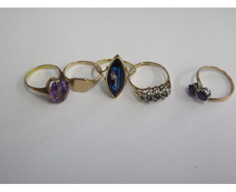 A 9ct yellow gold signet ring and a 9ct cluster ring and three gilt metal  rings one with a Limoges portrait, sizes K to Q, t