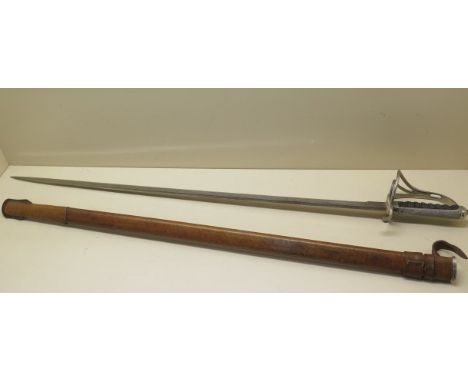 A British officers sword with shagreen grip and leather scabbard, 88cm fullered blade 