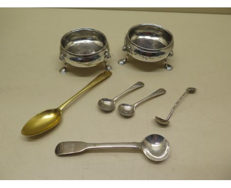 A pair of early salts, one marked David Hennell 1748, the other has worn marks, a gold coloured spoon possibly gilt provincia
