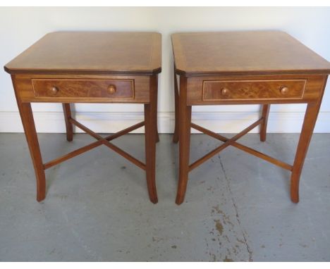 A pair of new burr wood lamp / wine tables, each with a single drawer, made by a local craftsman to a high standard, 56cm tal