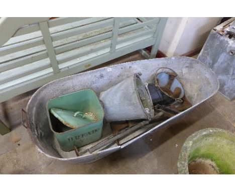 A galvanised tub, buckets, cobblers last, enamel bread bin, etc.