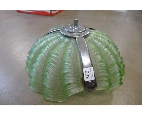 An Art Deco chrome and green glass ceiling light