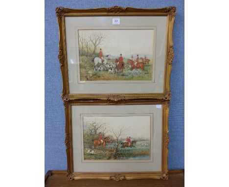 A pair of fox hunting scenes, watercolour, framed