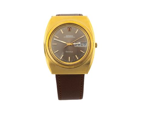 OMEGA GENEVE MEGAQUARTZ 32KHz WRISTWATCH, brushed gold-plated tonneau case, caramel dial with day-date aperture, centre secon