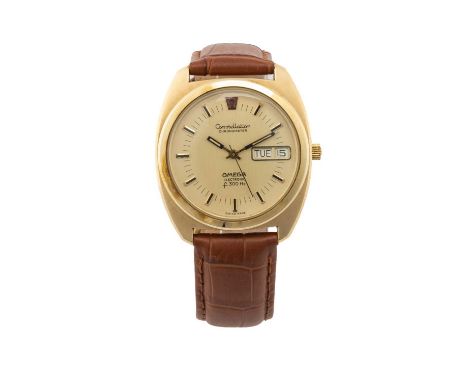 OMEGA CONSTELLATION ELECTRONIC f300Hz WRISTWATCH, ref. 198.0034, 1970s, brushed gold-plated tonneau case, gilt dial with day-