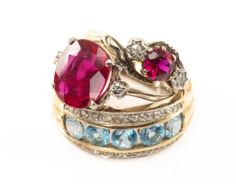 THREE GOLD RINGS comprising 9ct gold blue topaz and diamond chip ring, 14k gold diamond and synthetic ruby ring and an 18ct g