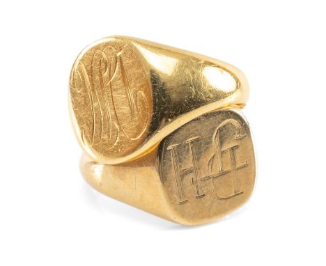 TWO GOLD SIGNET RINGS, both engraved initials DJH, one presumed 18ct, 6.0gms, the other 9ct, 5.0gms (2)Provenance: private co