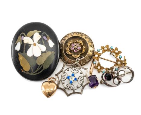 ASSORTED PENDANTS & BROOCHES, comprising 9ct heart pendant, 9ct amethyst drop pendant, amethyst set silver thistle brooch by 