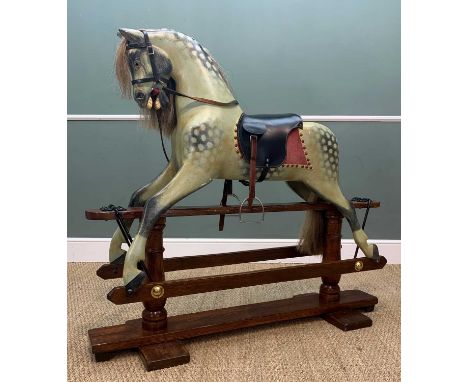 DAPPLE GREY ROCKING HORSE, possibly Stevenson Bros., real horse hair mane and tail, later leather saddle with metal stirrups,