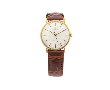 9CT GOLD OMEGA GENEVE WRISTWATCH, ref. 166.0205, 17J cal. 601 manual wind movement, brushed champagne dial, centre seconds, b