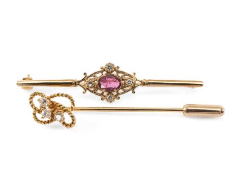 9CT GOLD BAR BROOCH & 9CT GOLD STICK PIN, the brooch mounted with central oval rub and four small diamonds, the pin with thre