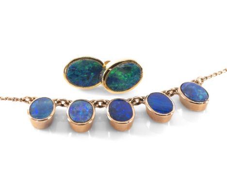PAIR 18CT GOLD BLACK OPAL DOUBLET EAR STUDS, oval, 2.2gms and 9ct gold 5-stone black opal doublet necklace, 3.8gms (3)Provena