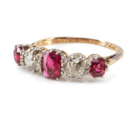 18CT. GOLD & PLATINUM FIVE STONE DIAMOND & RUBY RING, 2.8gmsProvenance: private collection CardiffComments: black mineral inc