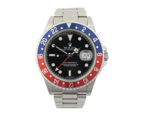 ROLEX GMT-MASTER II DATE STAINLESS STEEL WRISTWATCH, ref. model 16710, serial number F234XXX, circa 2004, black dial, date ap